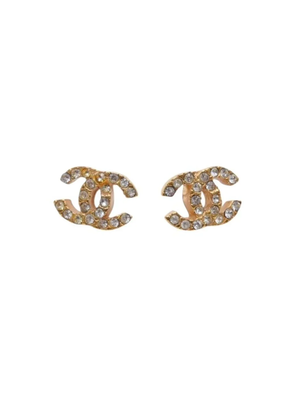 Chanel CC Logo Earrings 01 Rhinestone Metal Gold Clear